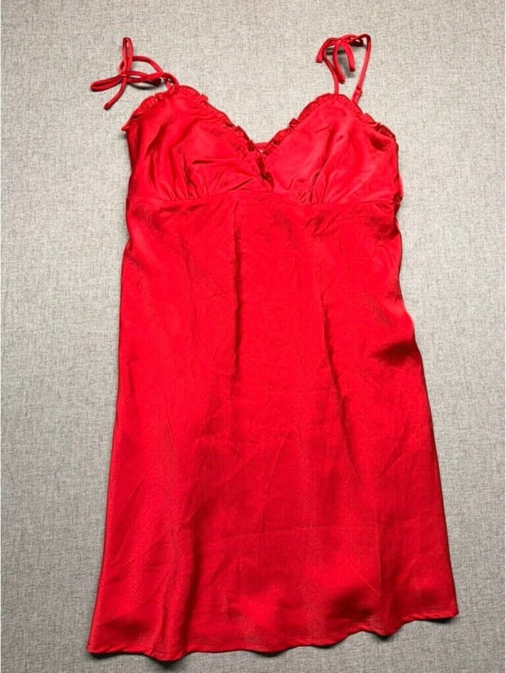 No Boundaries Red Satin Ruffle Tie Strap Chemise Nightgown Mini Dress Medium